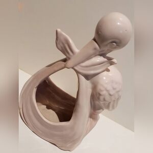 HAEGER Vintage Pink Stork with a bundle ceramic planter or nursery decor